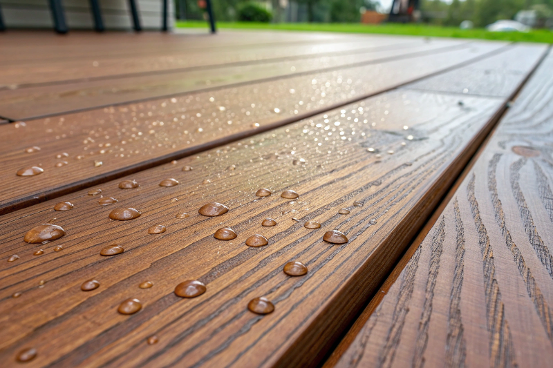 Close-up of premium composite decking material showing wood grain texture and water resistance for Sunshine Coast coastal conditions
