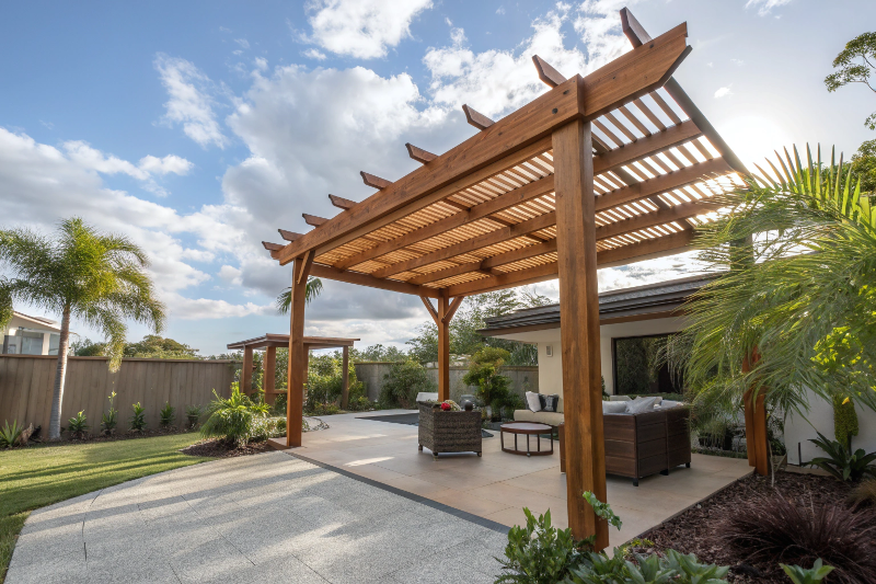 Custom timber pergola with spotted gum beams creating natural shade over modern outdoor entertaining area on Sunshine Coast patio