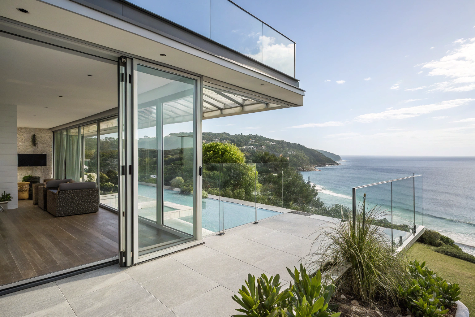 Frameless glass patio enclosure with bi-fold panels on Sunshine Coast coastal property