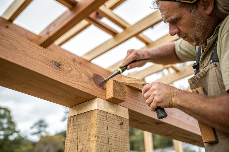 Close-up of traditional mortise and tenon joint in Australian hardwood pergola beam showing expert carpentry craftsmanship