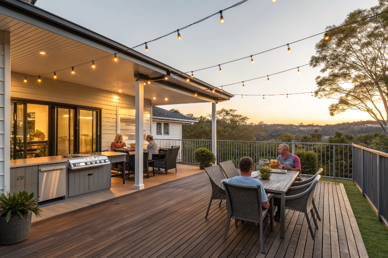 Family enjoying outdoor entertaining on custom-built deck at Sunshine Coast home during golden hour