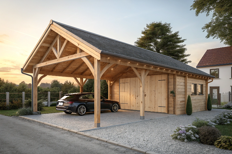 Natural wood single carport with gabled roof and timber posts in suburban setting