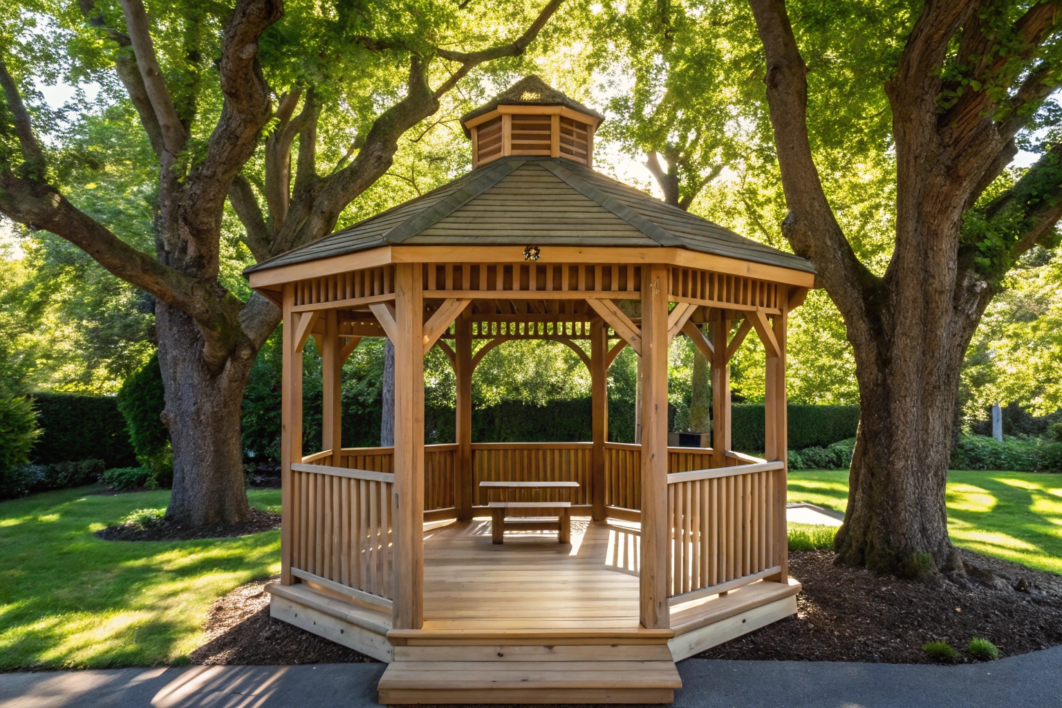 Timber octagonal gazebo Sunshine Coast with natural garden setting and outdoor furniture
