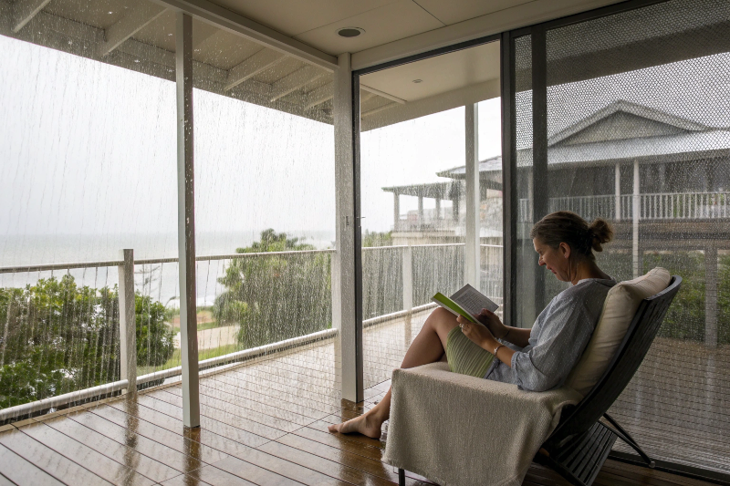 Woman relaxing on screened patio while rain falls outside, demonstrating weather protection and dry comfort
