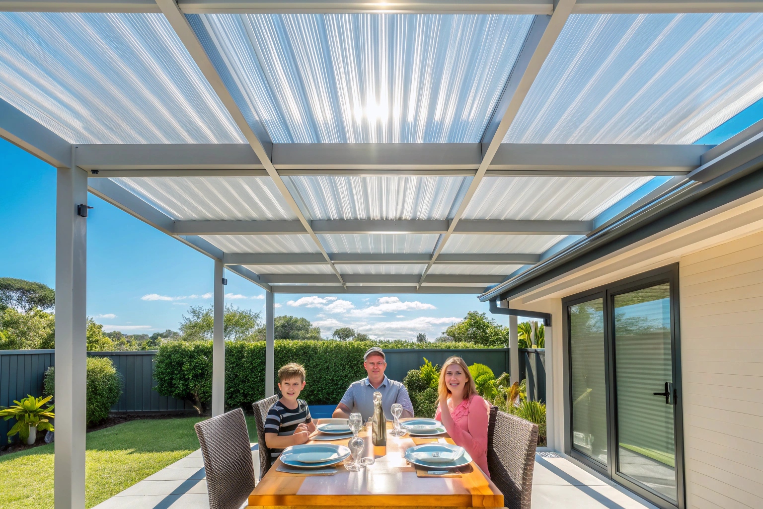 Family enjoying outdoor entertainment area under polycarbonate pergola roof panels Sunshine Coast