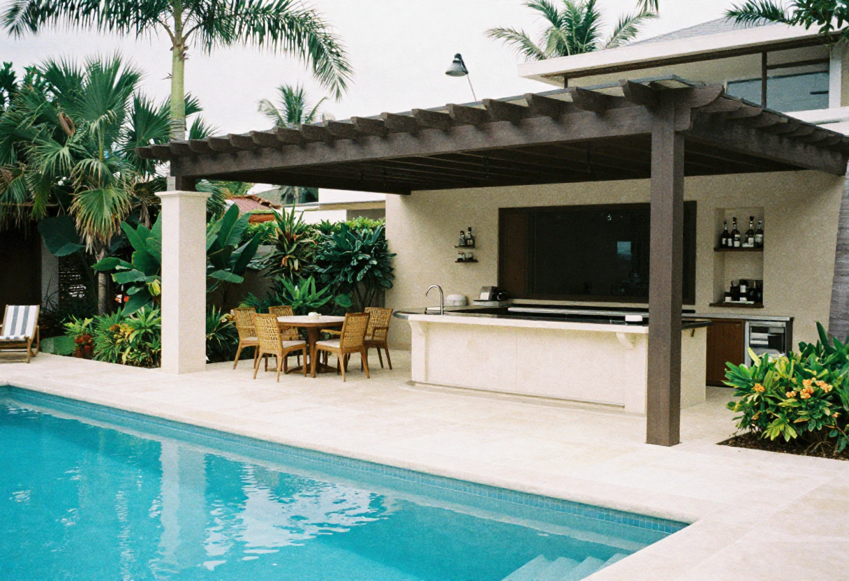 poolside pergola covering outdoor dining area