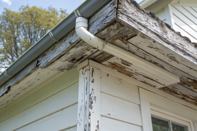 Damaged timber eaves showing rot and water damage on Sunshine Coast home requiring replacement