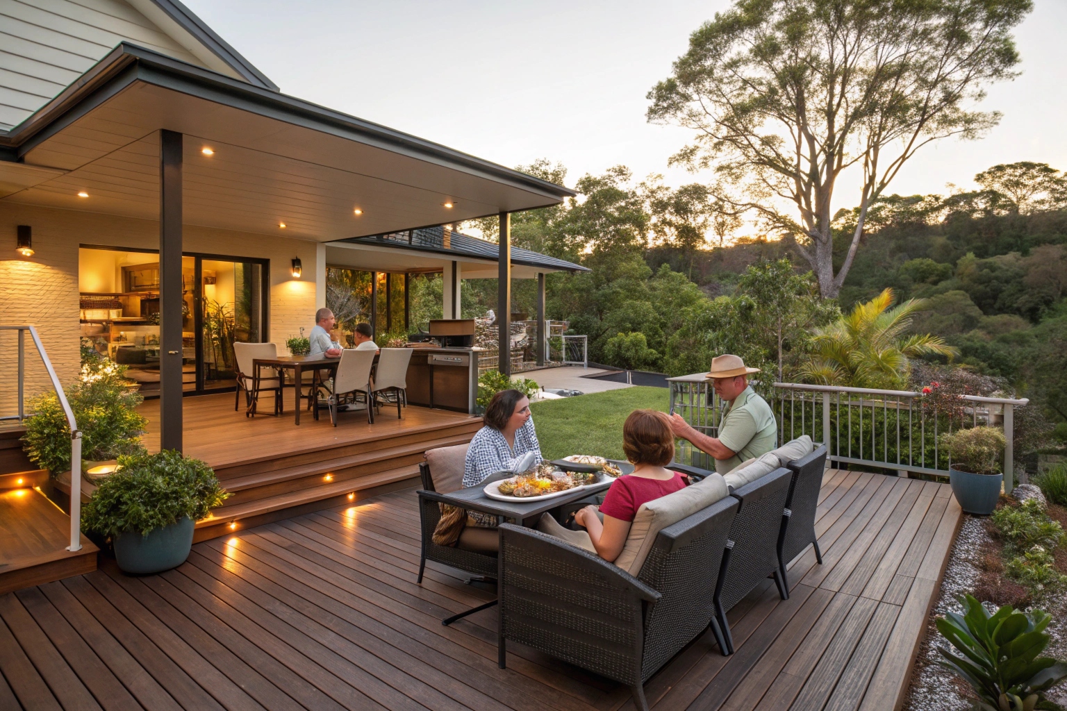 family enjoying outdoor barbecue on spacious composite deck, Queensland home setting, comfortable outdoor furniture