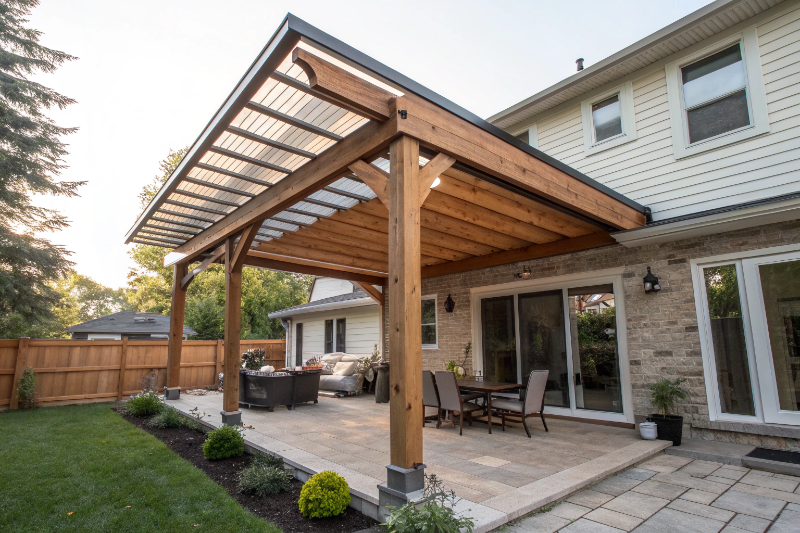 Pergola attached to house eaves showing proper integration between outdoor structure and roofline